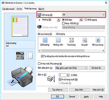 hình: Cỡ trang trên tab Thiết lập trang