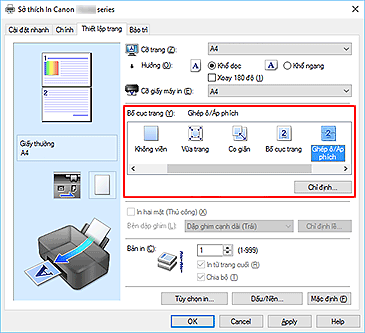 hình: Chọn Ghép ô/Áp phích cho Bố cục trang trên tab Thiết lập trang
