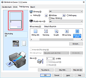 hình: Xem trước Cài đặt được hiển thị trên tab Thiết lập trang