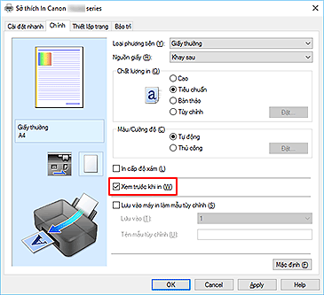 hình: Hộp kiểm Xem trước khi in trên tab Chính