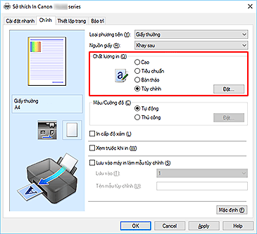 hình: Chọn trên tab Chính, chọn Tùy chỉnh cho Chất lượng in
