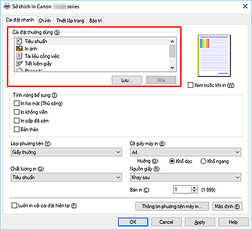 hình: Cài đặt thường dùng trên tab Cài đặt nhanh