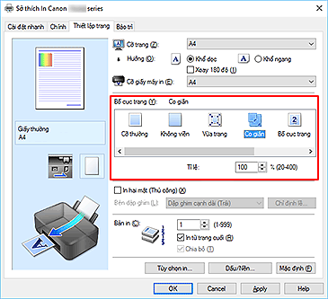 hình: Chọn Co giãn cho Bố cục trang trên tab Thiết lập trang