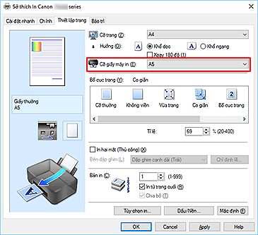 hình: Cỡ giấy máy in trên tab Thiết lập trang