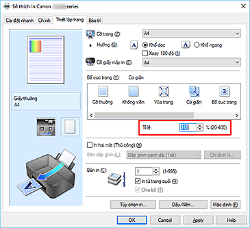 hình: Tỉ lệ trên tab Thiết lập trang