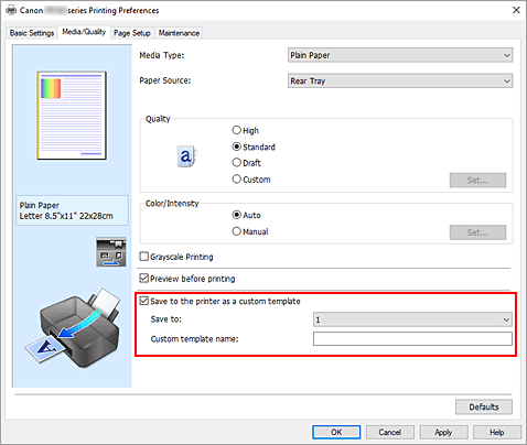 figure:Add a checkmark on Save to the printer as a custom template in the Main sheet