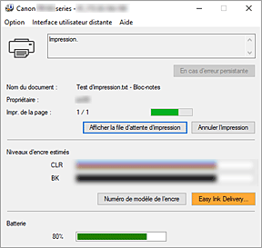 figure&nbsp;: Écran d'état d'imprimante Canon IJ