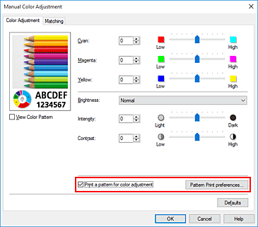 الشكل: تحديد طباعة نمط لضبط الألوان في علامة التبويب ضبط الألوان