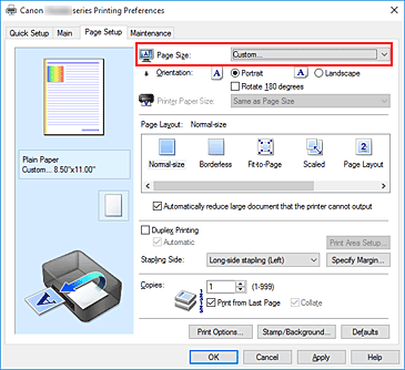 фигура: Избиране на Custom за „Page Size” в раздела „Page Setup”