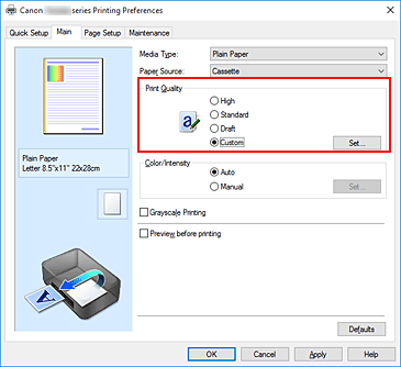 εικόνα:Επιλογή Προσαρμογή για τη ρύθμιση Ποιότητα εκτύπωσης στην καρτέλα Κύριες ρυθμίσεις