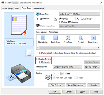 Imagen: casilla de verificación Impresión a doble cara de la ficha Configurar página