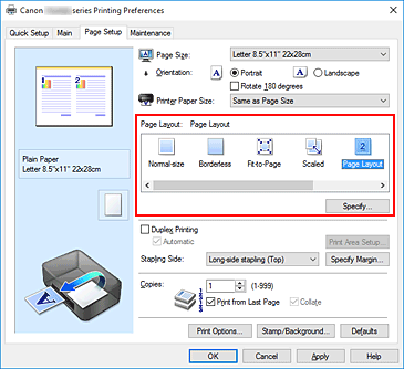 Imagen: selección de Diseño de página en Formato de página de la ficha Configurar página