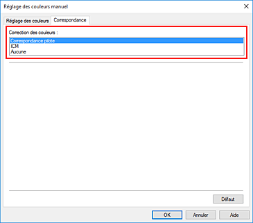 figure : Sélectionnez Correspondance pilote pour Correction des couleurs dans la boîte de dialogue Réglage des couleurs manuel.