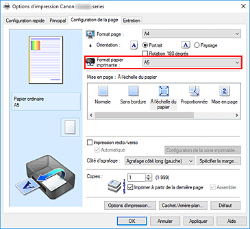 figure : Format papier imprimante dans l'onglet Configuration de la page