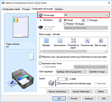 figure : Format page dans l'onglet Configuration de la page