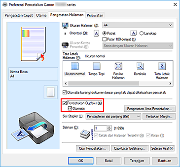 gambar: Kotak centang Pencetakan Dupleks pada tab Pengesetan Halaman