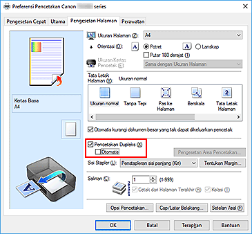 gambar: Kotak centang Pencetakan Dupleks pada tab Pengesetan Halaman