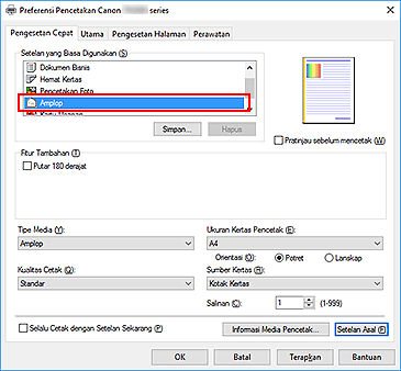 gambar: Pilih Amplop dari Setelan yang Biasa Digunakan dalam tab Pengesetan Cepat