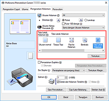 gambar: Pilih Tata Letak Halaman untuk Tata Letak Halaman pada tab Pengesetan Halaman
