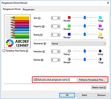 gambar: Pilih Cetak pola untuk pengaturan warna pada tab Pengaturan Warna