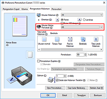 gambar: Ukuran Kertas Pencetak pada tab Pengesetan Halaman