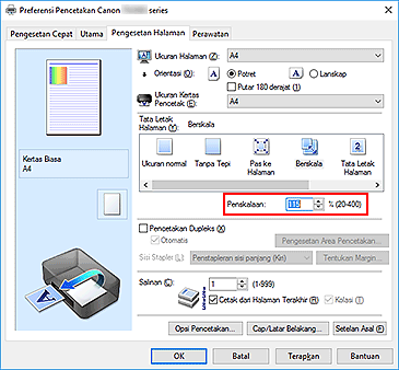 gambar: Penskalaan pada tab Pengesetan Halaman