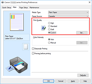 figur: Velg i kategorien Hoved, velg Egendefinert for Utskriftskvalitet