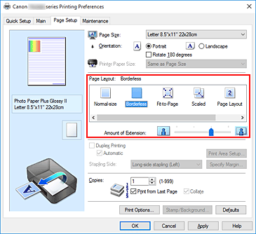 figura:Selectaţi Borderless pentru Page Layout din fila Page Setup