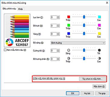 hình: Chọn In mẫu hình để điều chỉnh màu trên tab Điều chỉnh màu