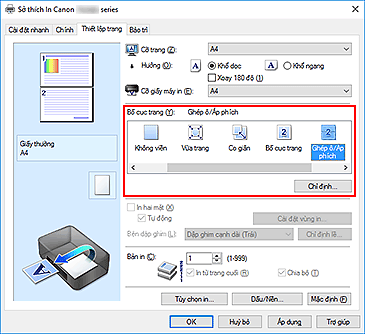 hình: Chọn Ghép ô/Áp phích cho Bố cục trang trên tab Thiết lập trang
