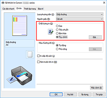 hình: Chọn trên tab Chính, chọn Tùy chỉnh cho Chất lượng in