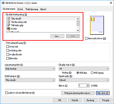 hình: Cài đặt thường dùng trên tab Cài đặt nhanh