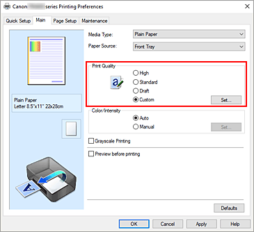 εικόνα:Επιλογή Προσαρμογή για τη ρύθμιση Ποιότητα εκτύπωσης στην καρτέλα Κύριες ρυθμίσεις