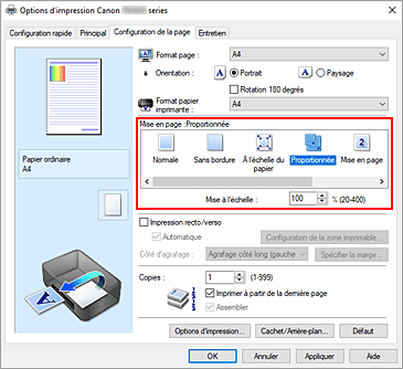 figure : Sélectionnez Proportionnée comme Mise en page dans l'onglet Configuration de la page.