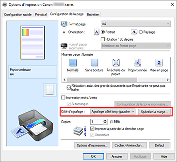 figure : Côté d'agrafage dans l'onglet Configuration de la page