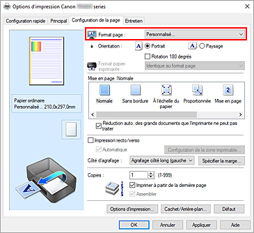 figure : Sélectionnez Personnalisé pour Format page dans l'onglet Configuration de la page.