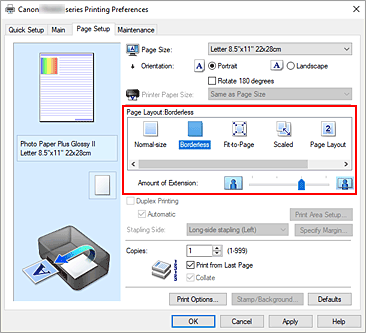 slika: v nastavitvi Page Layout na kartici Page Setup izberite Borderless
