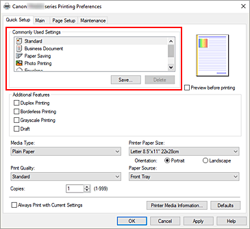 slika: možnost Commonly Used Settings na kartici Quick Setup