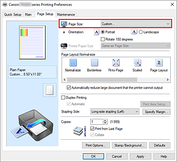 slika: izbira možnosti Custom za nastavitev Page Size na kartici Page Setup