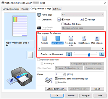 figure : Sélectionnez Sans bordure comme Mise en page dans l'onglet Configuration de la page.