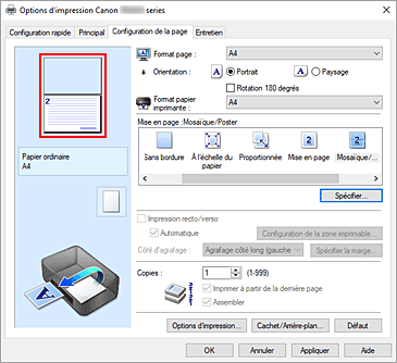 figure : Affichage de l'aperçu des paramètres dans l'onglet Configuration de la page