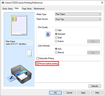 figura:Caseta de selectare Preview before printing de pe fila Main