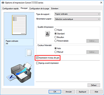figure&nbsp;: Case à cocher Impression niveau de gris dans l'onglet Principal