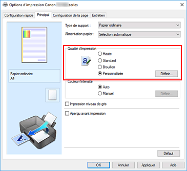 figure&nbsp;: Dans l'onglet Principal, sélectionnez Personnalisée pour Qualité d'impression