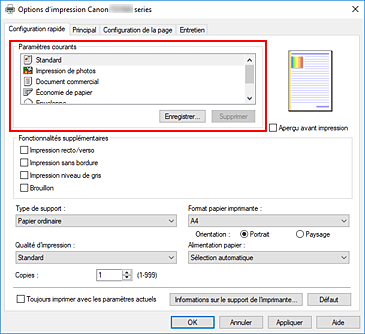figure&nbsp;: Paramètres courants dans l'onglet Configuration rapide