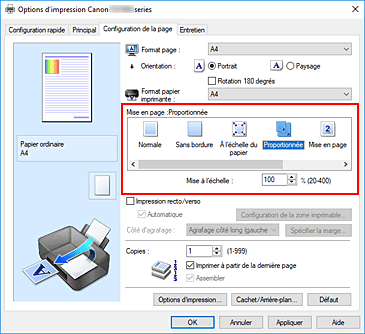 figure&nbsp;: Sélectionnez Proportionnée comme Mise en page dans l'onglet Configuration de la page.