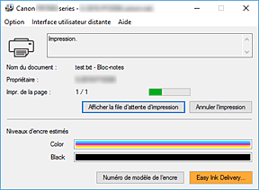figure&nbsp;: Écran d'état d'imprimante Canon IJ