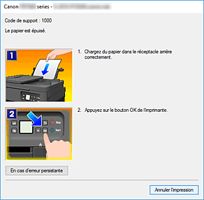 figure&nbsp;: Écran d'état d'imprimante Canon IJ-Affichage d'une erreur
