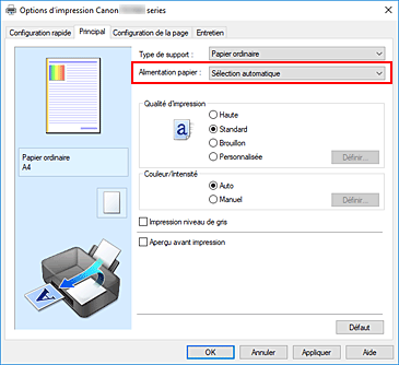 figure&nbsp;: Alimentation papier dans l'onglet Principal
