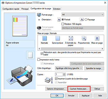figure&nbsp;: Cachet/Arrière-plan... dans l'onglet Configuration de la page